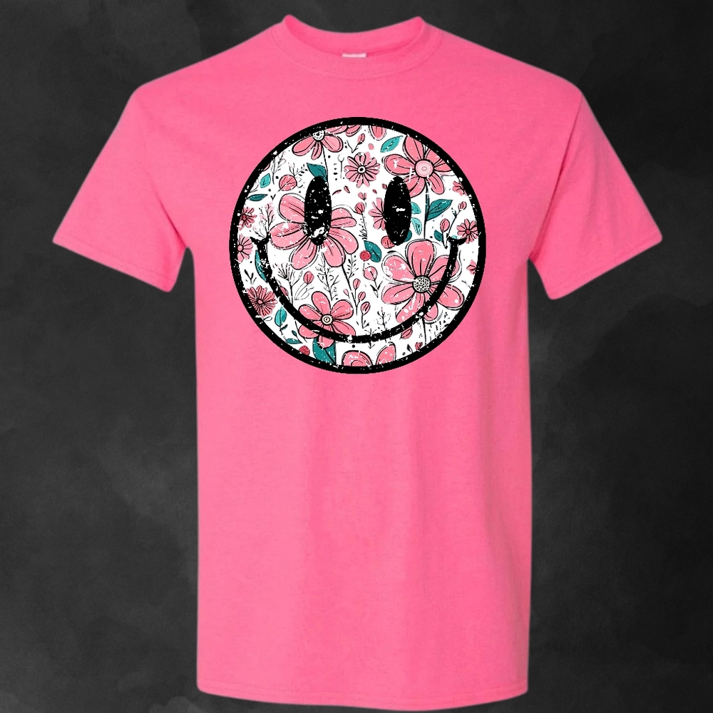 Retro floral smiley face graphic shirt
